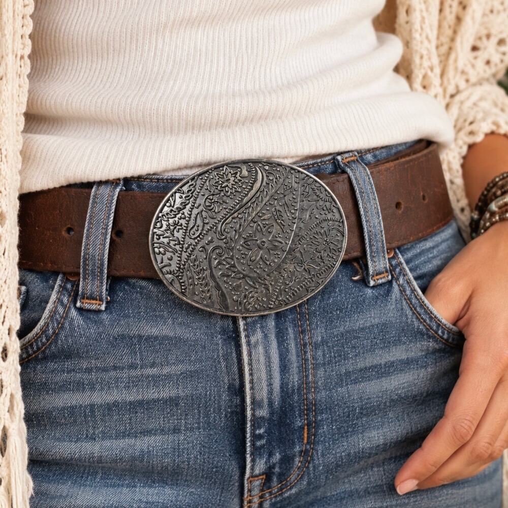 Desigual Metal Belt Buckle Silver Tone Floral Paisley Boho Western Statement